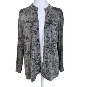 Chico's Travelers Grey Floral Open Cardigan Size 2 Mandarin Collar